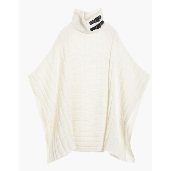 Chico’s Black Label Wool Cream Cashmere Blend Turtleneck Poncho Cape Buckle‎ S/M - Picture 6 of 13